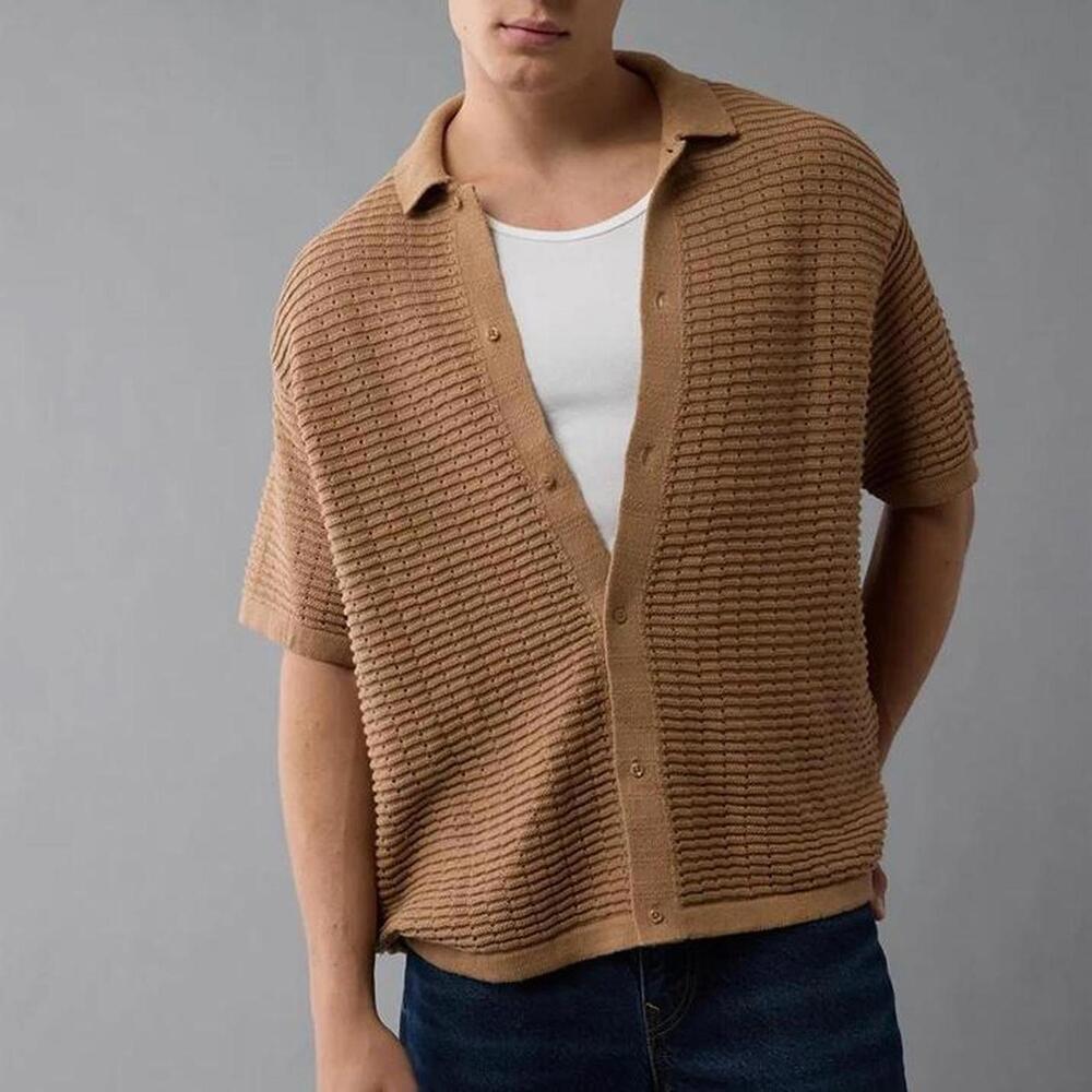 AE Weekend Textured Button-Up Sweater Polo Shirt brown size XL NWOT - Picture 1 of 8